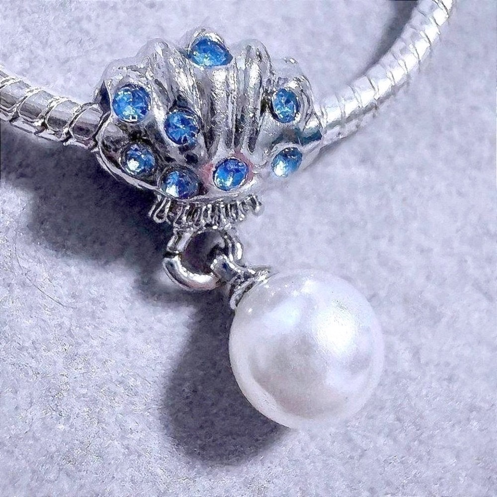 Silver Seashell Charm Bead Blue Crystal Pearl Dangle fits PANDORA